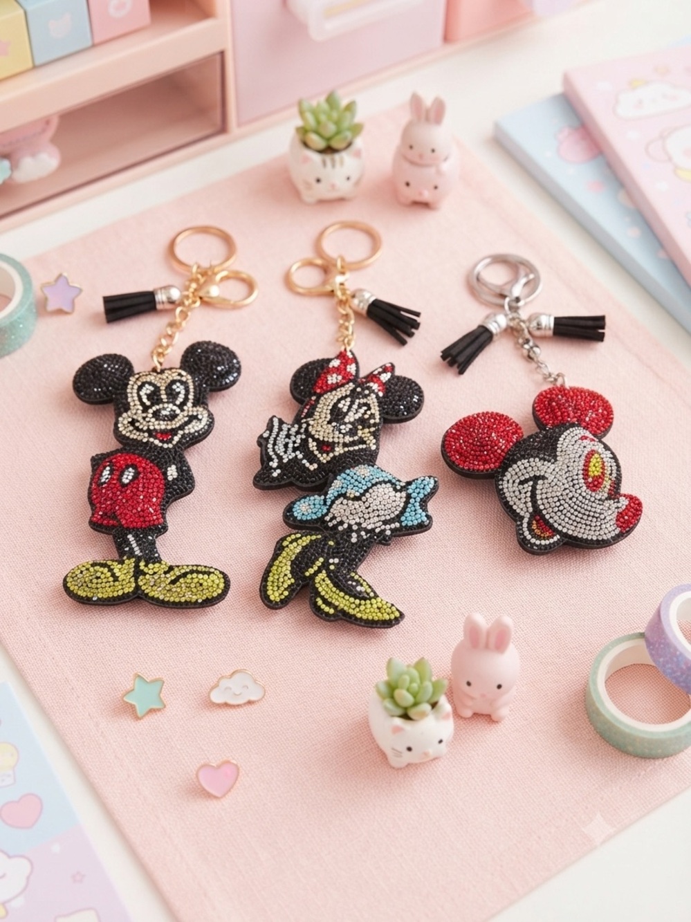 Sparkling Mouse Character Keychains — Black, Red, Yellow